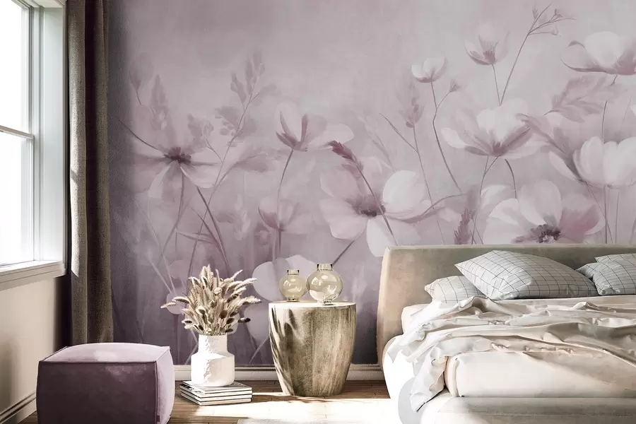 Fototapet Ett fält med ljusa blommor och höga gräs i dämpade nyanser, texturerad konst w10019v1