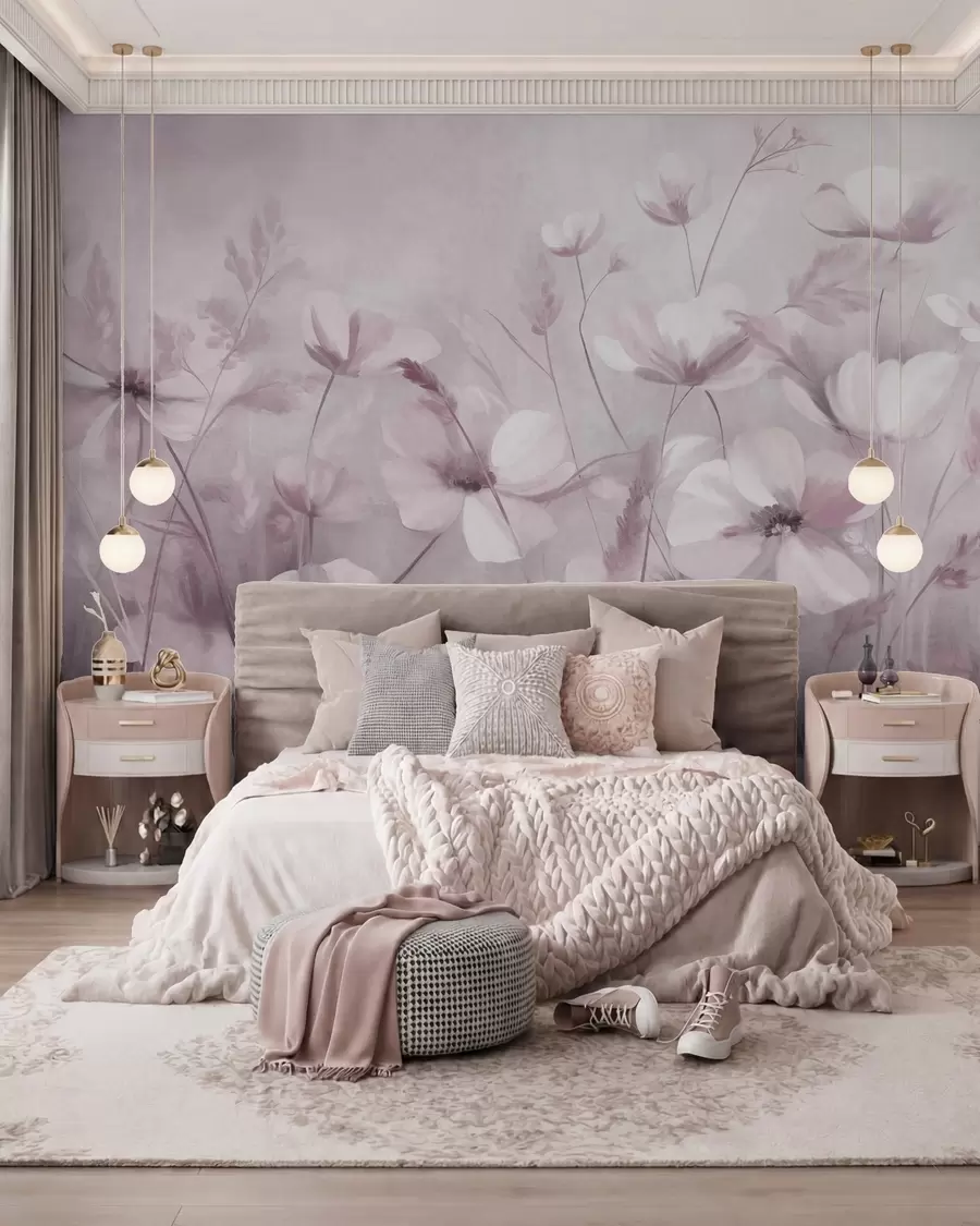 Fototapet Ett fält med ljusa blommor och höga gräs i dämpade nyanser, texturerad konst w10019v1