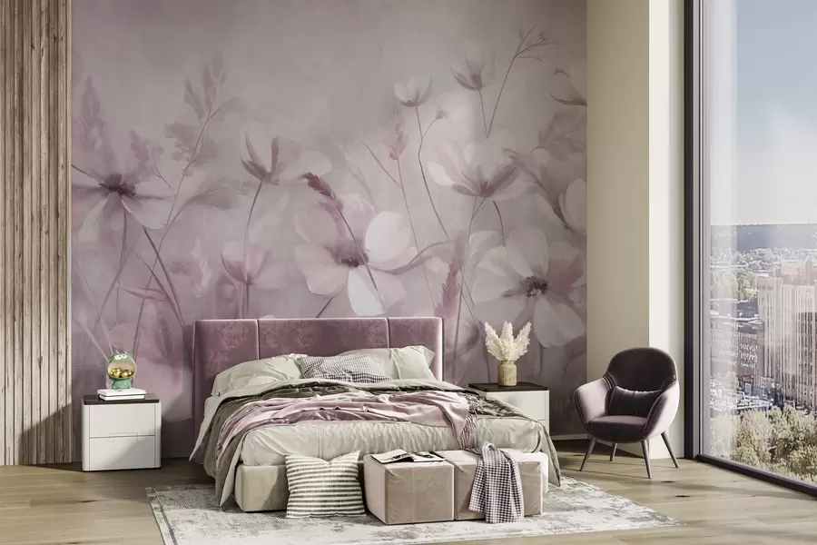 Fototapet Ett fält med ljusa blommor och höga gräs i dämpade nyanser, texturerad konst w10019v1