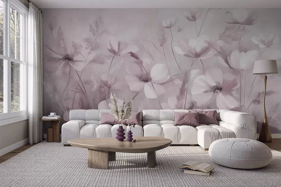 Fototapet Ett fält med ljusa blommor och höga gräs i dämpade nyanser, texturerad konst w10019v1