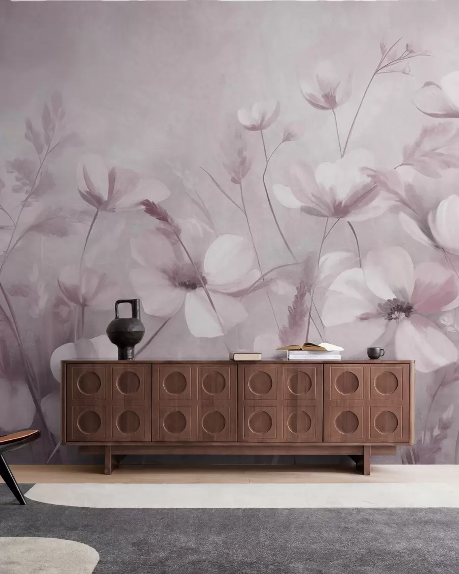 Fototapet Ett fält med ljusa blommor och höga gräs i dämpade nyanser, texturerad konst w10019v1