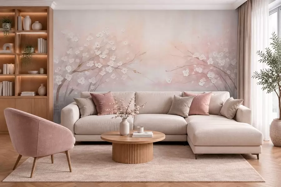 Fototapet Blommande grenar över stilla vatten i mjuka rosa nyanser w05858