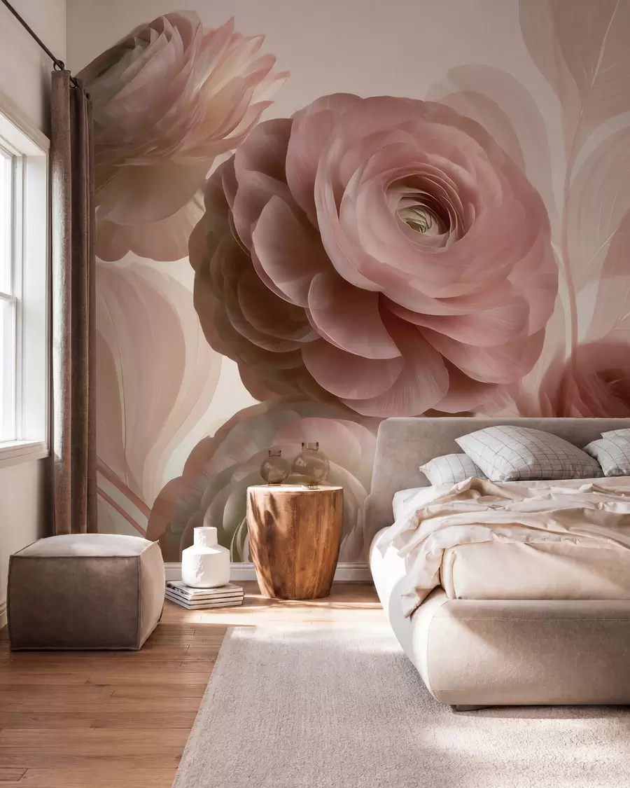 Fototapet Fylliga, puderrosa ranunkelblommor med genomskinliga kronblad i mjuka rosa och beige nyanser w09998