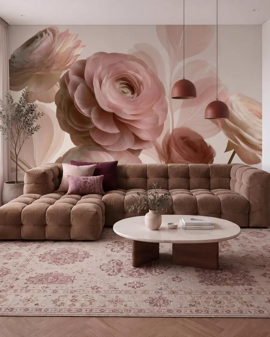 Fototapet Fylliga, puderrosa ranunkelblommor med genomskinliga kronblad i mjuka rosa och beige nyanser w09998