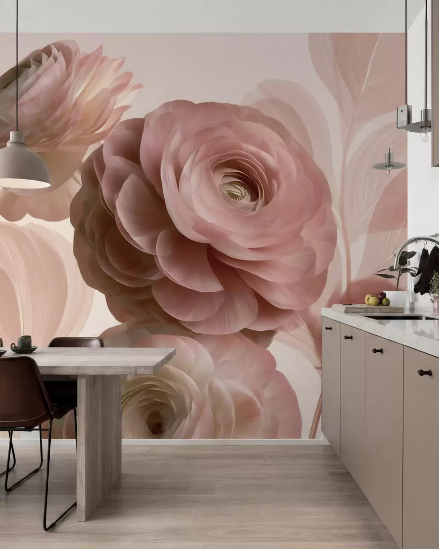 Fototapet Fylliga, puderrosa ranunkelblommor med genomskinliga kronblad i mjuka rosa och beige nyanser w09998