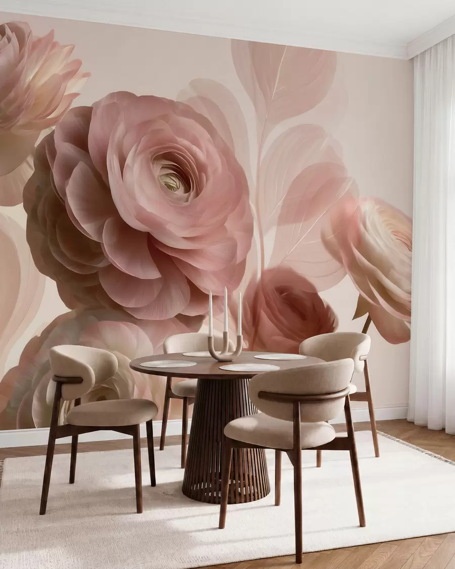 Fototapet Fylliga, puderrosa ranunkelblommor med genomskinliga kronblad i mjuka rosa och beige nyanser w09998