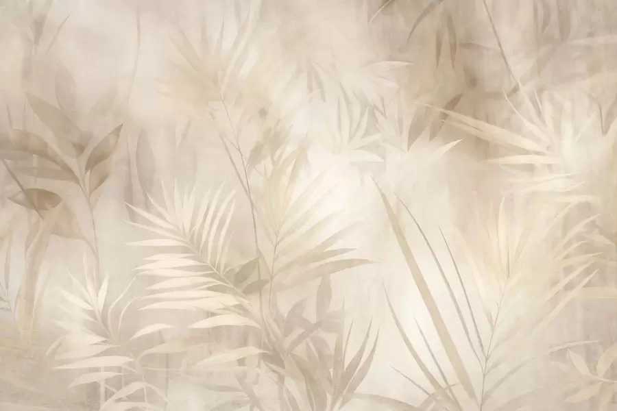 Fototapet Palmblad i dämpade beige- och krämfärger, mot en mjuk bakgrund, tropisk djungel w10023