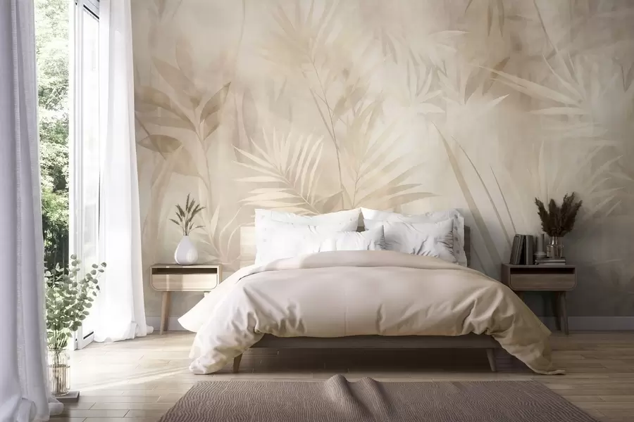 Fototapet Palmblad i dämpade beige- och krämfärger, mot en mjuk bakgrund, tropisk djungel w10023