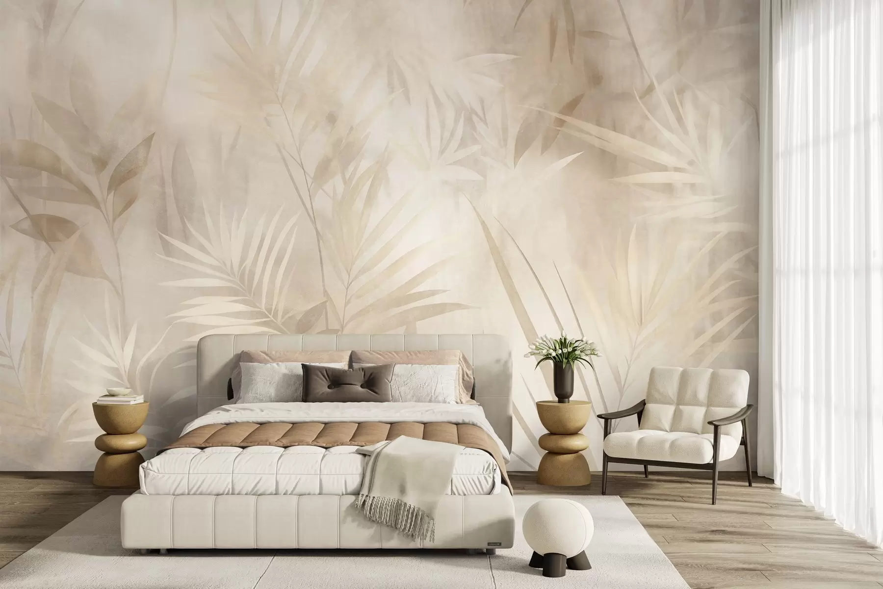 Fototapet Palmblad i dämpade beige- och krämfärger, mot en mjuk bakgrund, tropisk djungel w10023