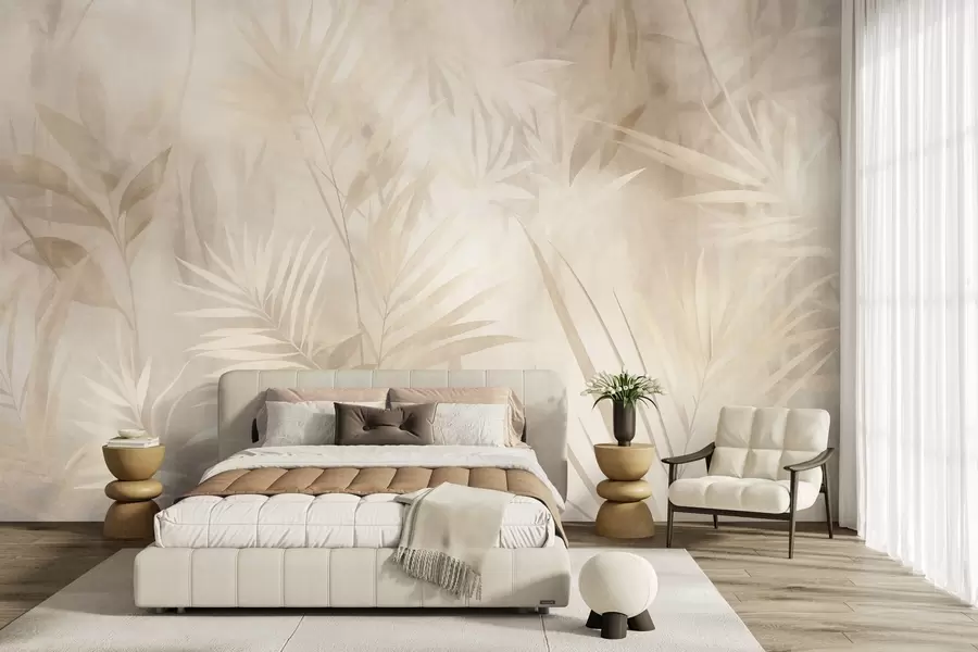 Fototapet Palmblad i dämpade beige- och krämfärger, mot en mjuk bakgrund, tropisk djungel w10023