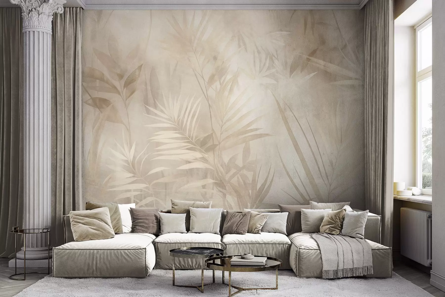 Fototapet Palmblad i dämpade beige- och krämfärger, mot en mjuk bakgrund, tropisk djungel w10023