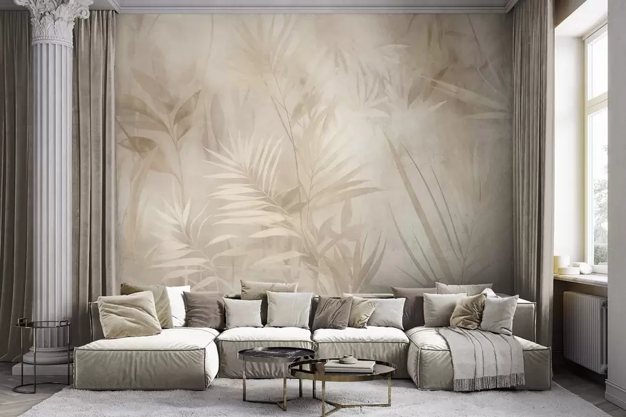Fototapet Palmblad i dämpade beige- och krämfärger, mot en mjuk bakgrund, tropisk djungel w10023