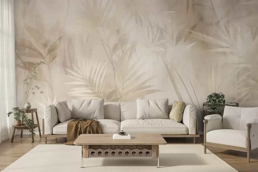 Fototapet Palmblad i dämpade beige- och krämfärger, mot en mjuk bakgrund, tropisk djungel w10023