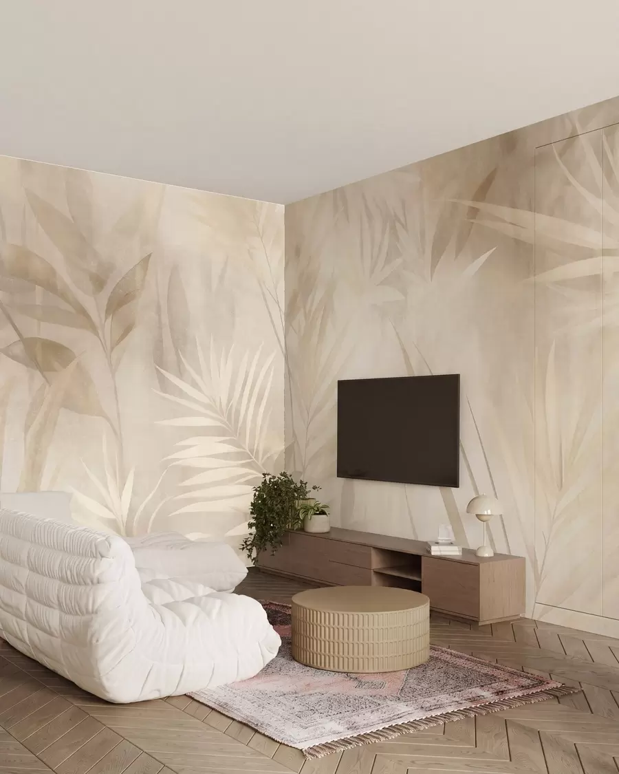 Fototapet Palmblad i dämpade beige- och krämfärger, mot en mjuk bakgrund, tropisk djungel w10023