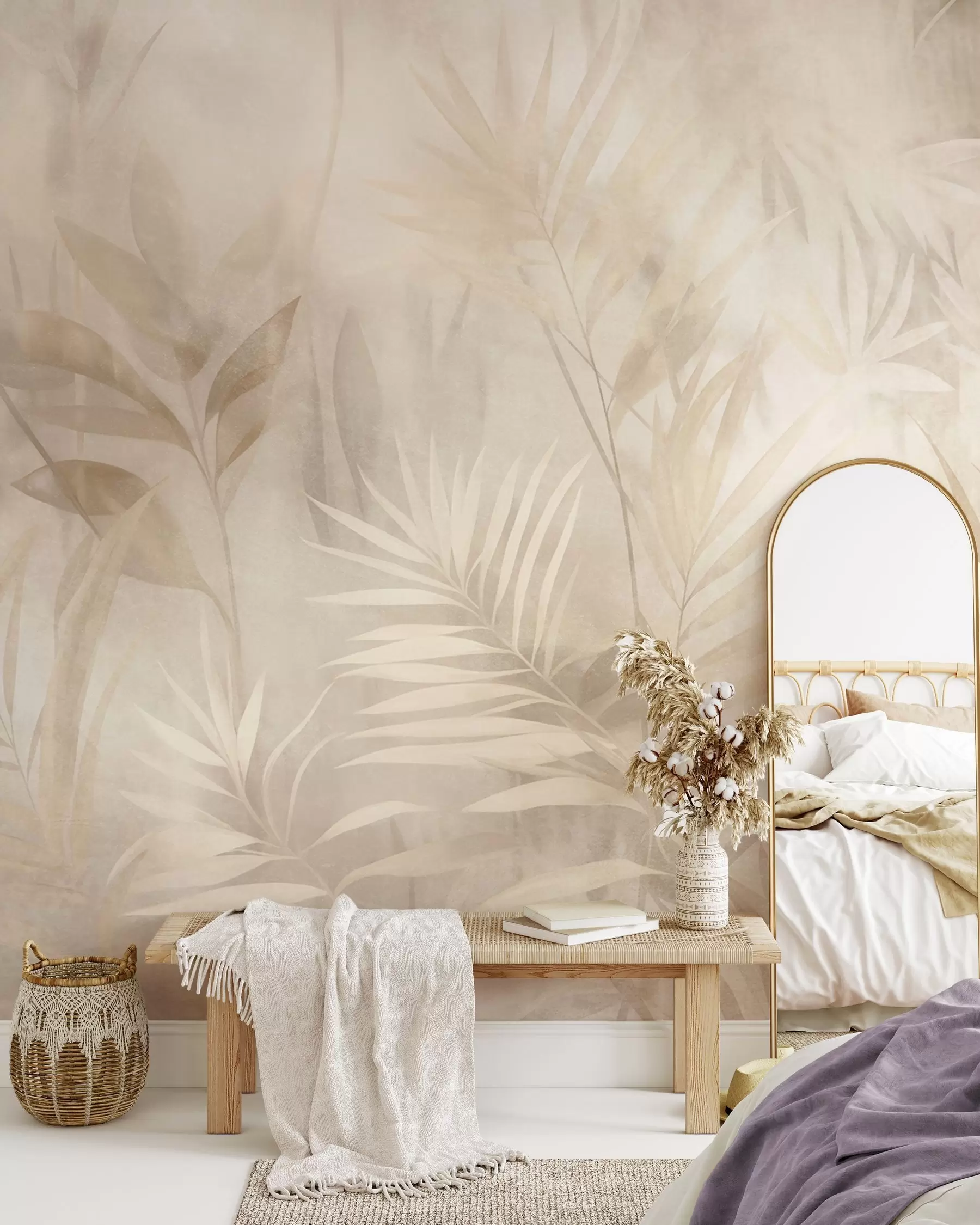 Fototapet Palmblad i dämpade beige- och krämfärger, mot en mjuk bakgrund, tropisk djungel w10023