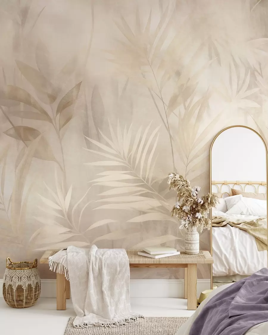 Fototapet Palmblad i dämpade beige- och krämfärger, mot en mjuk bakgrund, tropisk djungel w10023
