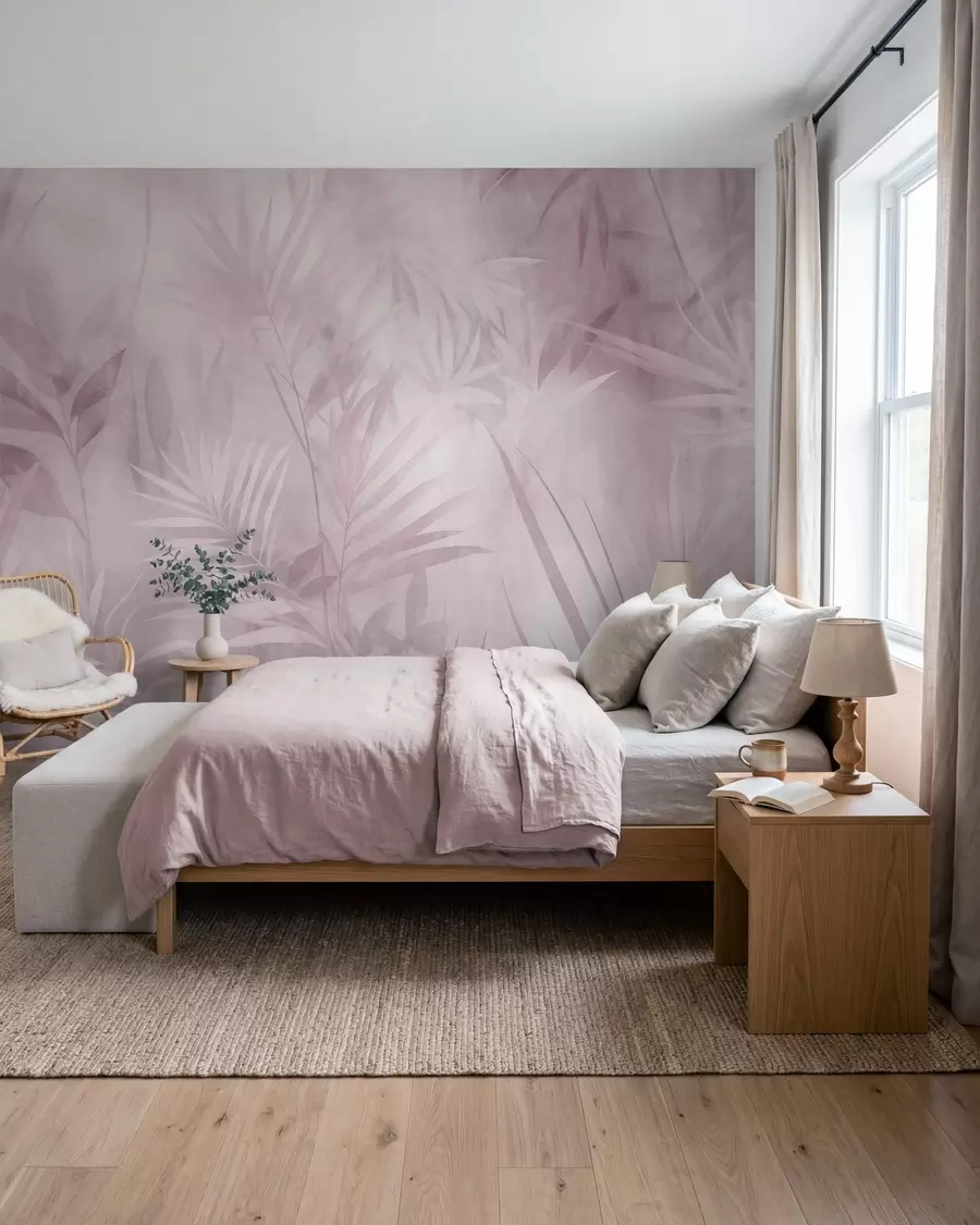 Fototapet Palmblad i dämpade rosa nyanser, mot en mjuk bakgrund, tropisk djungel w10023v3