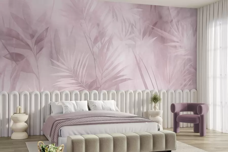 Fototapet Palmblad i dämpade rosa nyanser, mot en mjuk bakgrund, tropisk djungel w10023v3