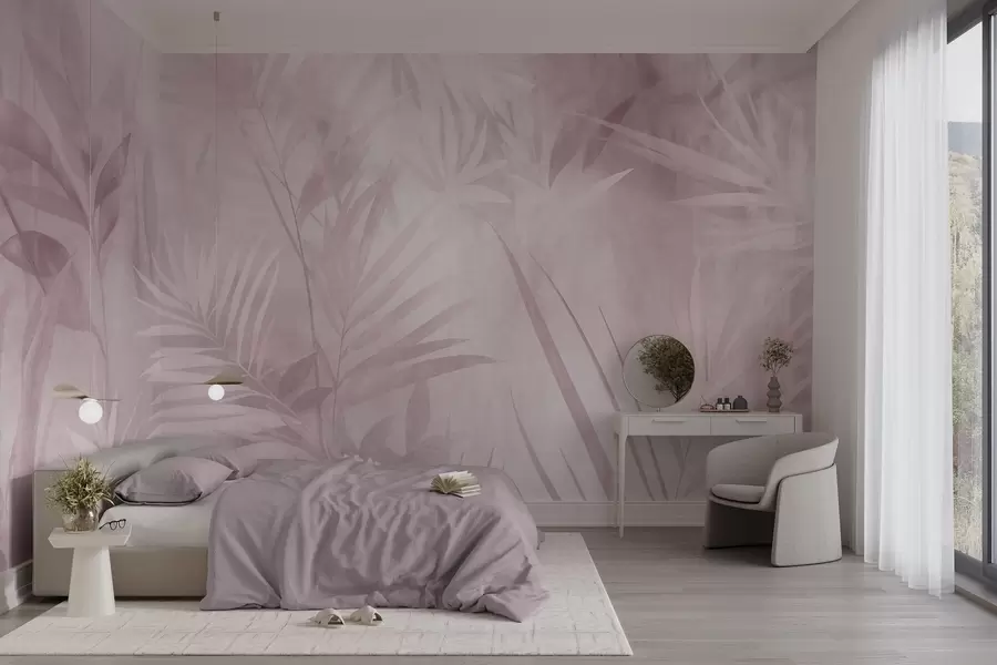 Fototapet Palmblad i dämpade rosa nyanser, mot en mjuk bakgrund, tropisk djungel w10023v3