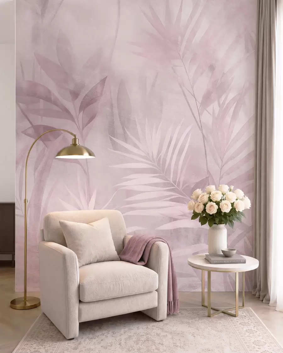 Fototapet Palmblad i dämpade rosa nyanser, mot en mjuk bakgrund, tropisk djungel w10023v3
