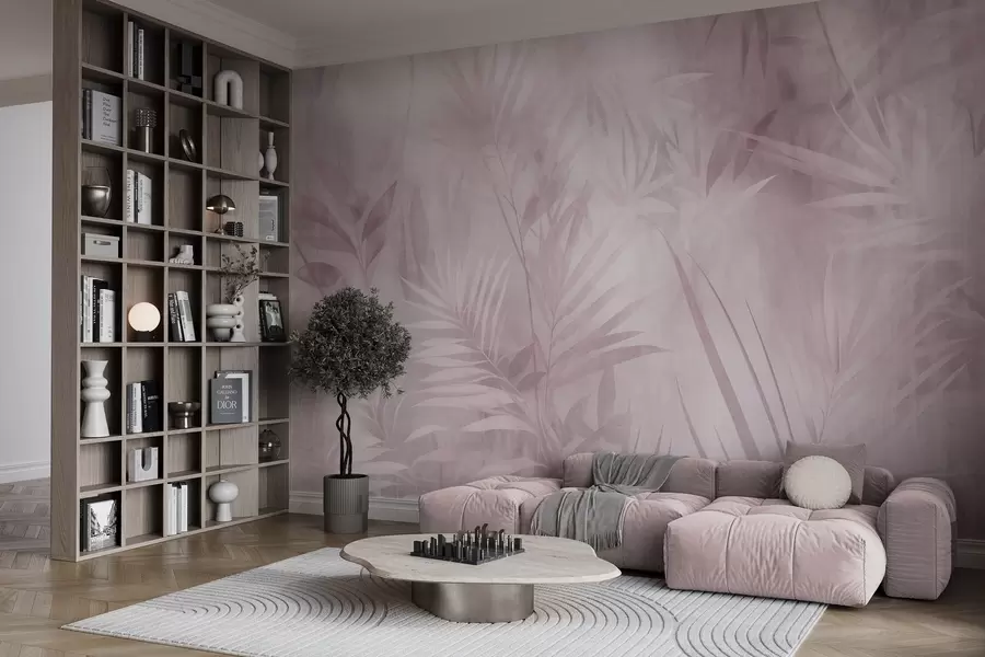 Fototapet Palmblad i dämpade rosa nyanser, mot en mjuk bakgrund, tropisk djungel w10023v3