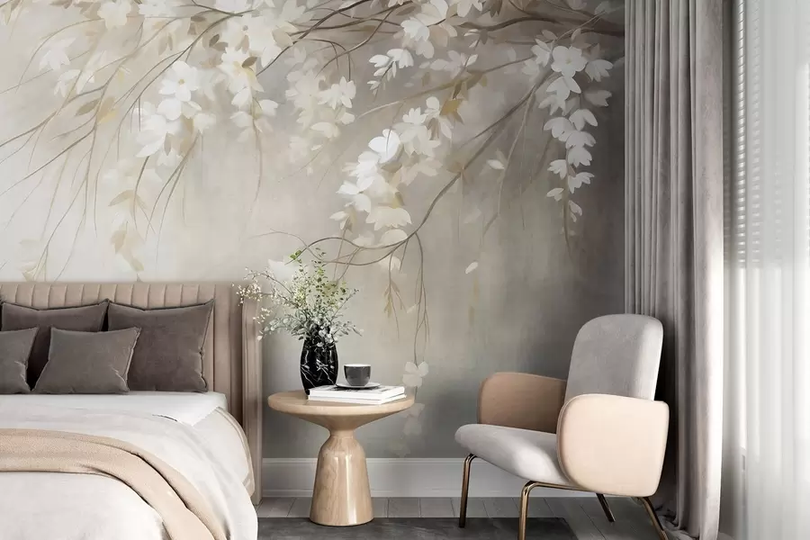 Fototapet En graciös körsbärsgren med vita blommor och blad, i målningsstil w10024