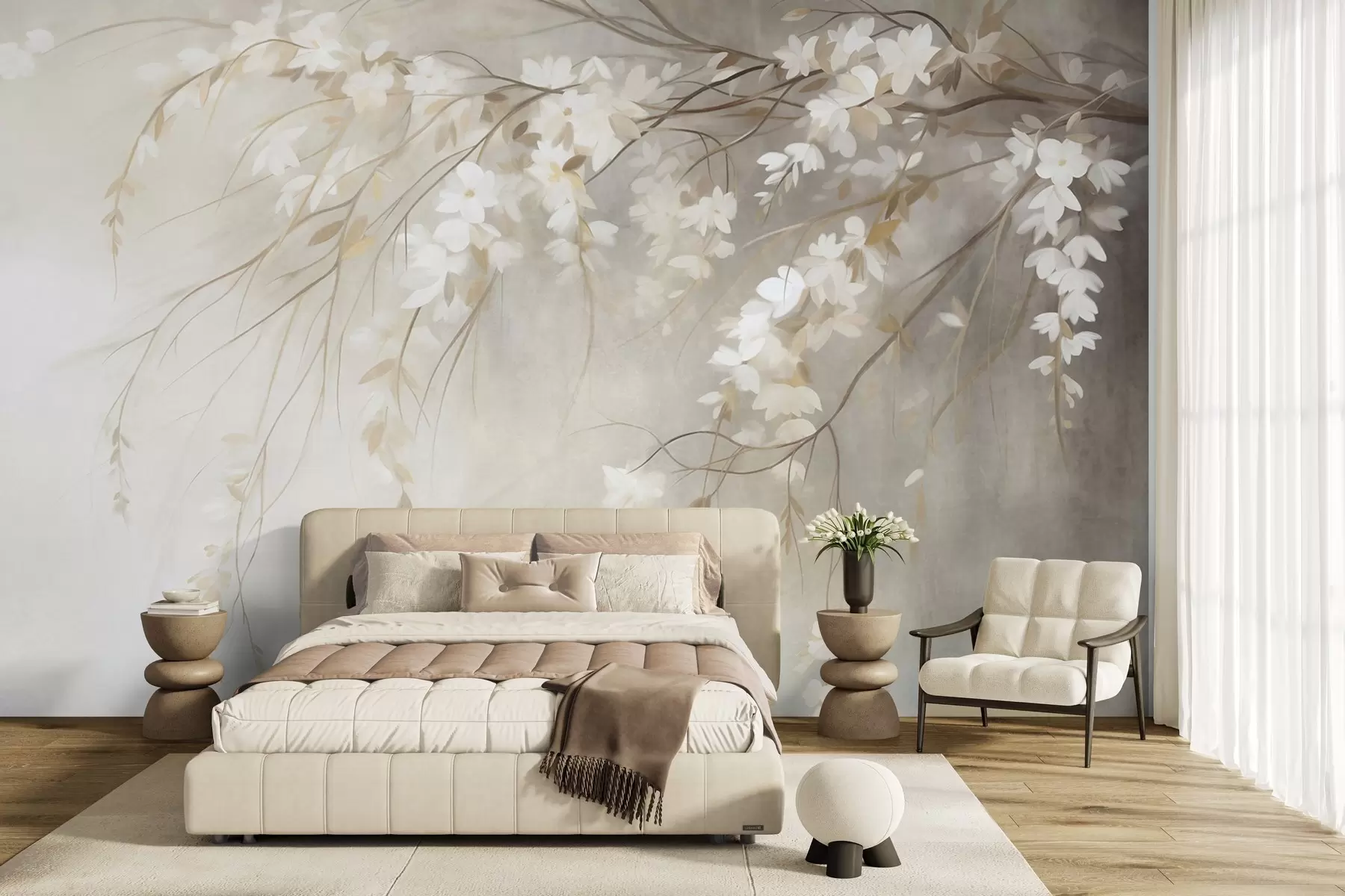 Fototapet En graciös körsbärsgren med vita blommor och blad, i målningsstil w10024