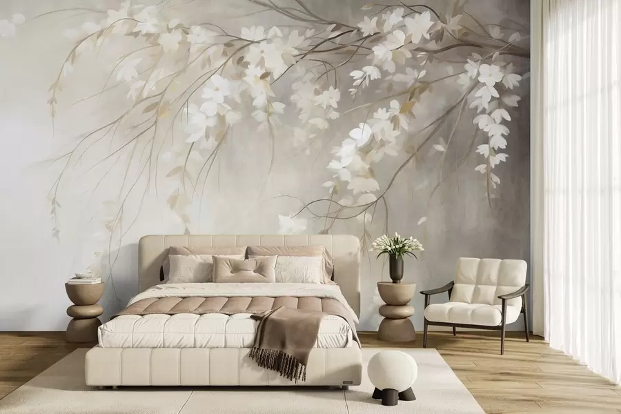 Fototapet En graciös körsbärsgren med vita blommor och blad, i målningsstil w10024