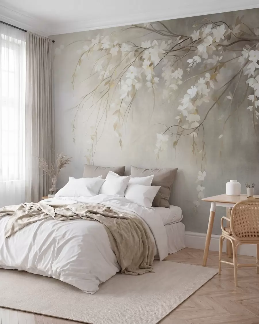 Fototapet En graciös körsbärsgren med vita blommor och blad, i målningsstil w10024
