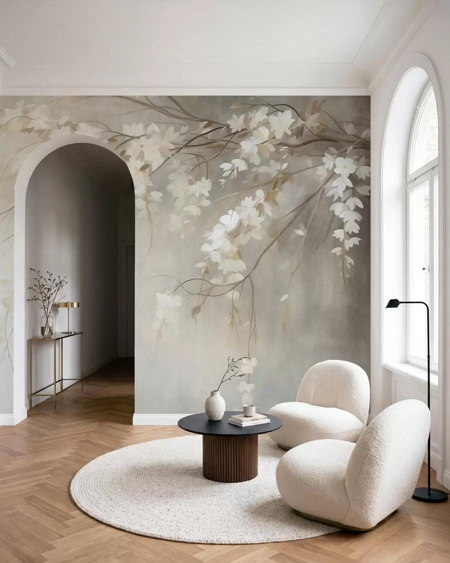 Fototapet En graciös körsbärsgren med vita blommor och blad, i målningsstil w10024