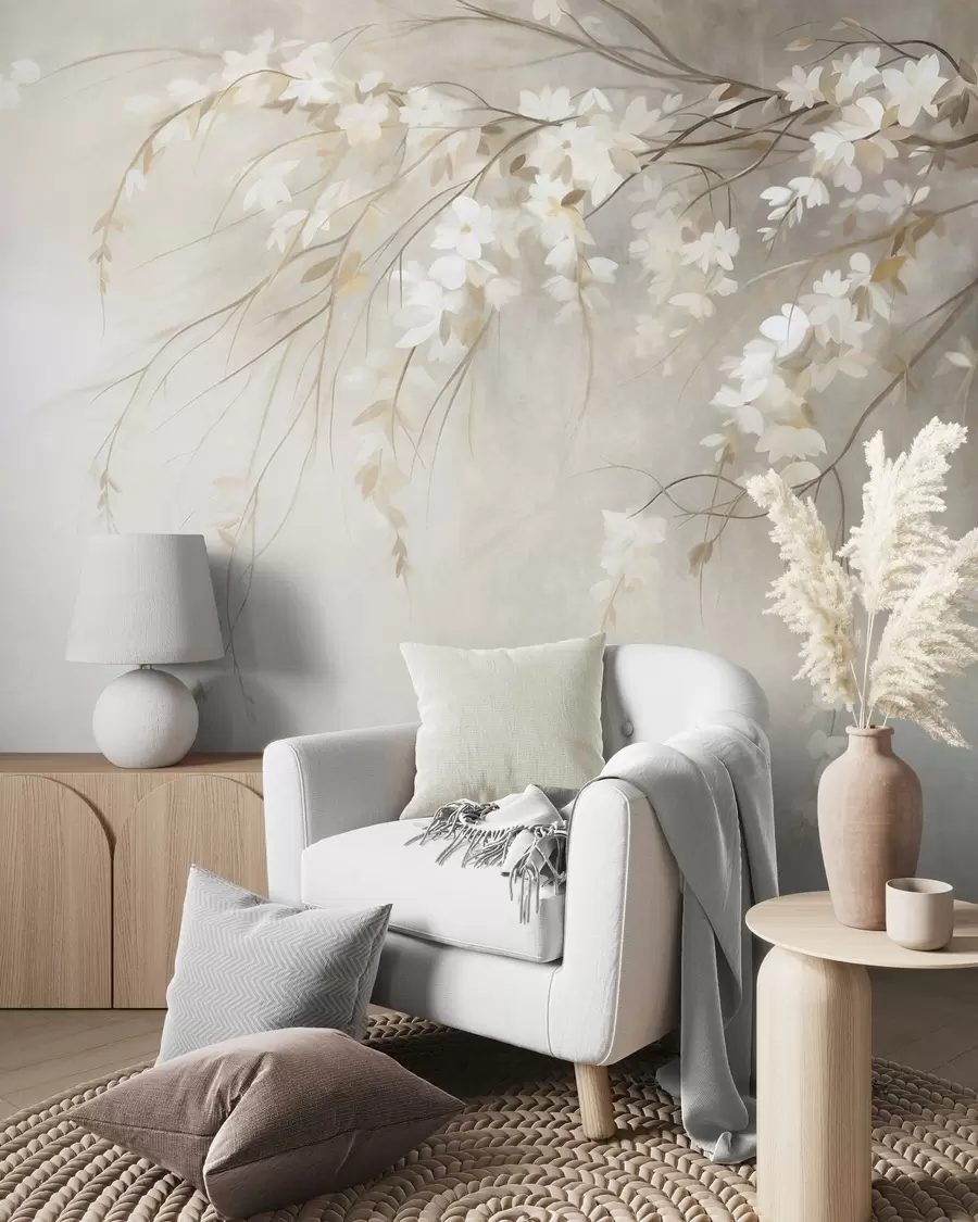 Fototapet En graciös körsbärsgren med vita blommor och blad, i målningsstil w10024