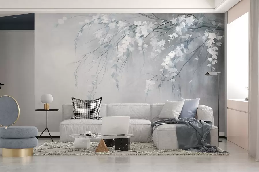 Fototapet En graciös körsbärsgren med vita blommor och blad, i målningsstil w10024v1