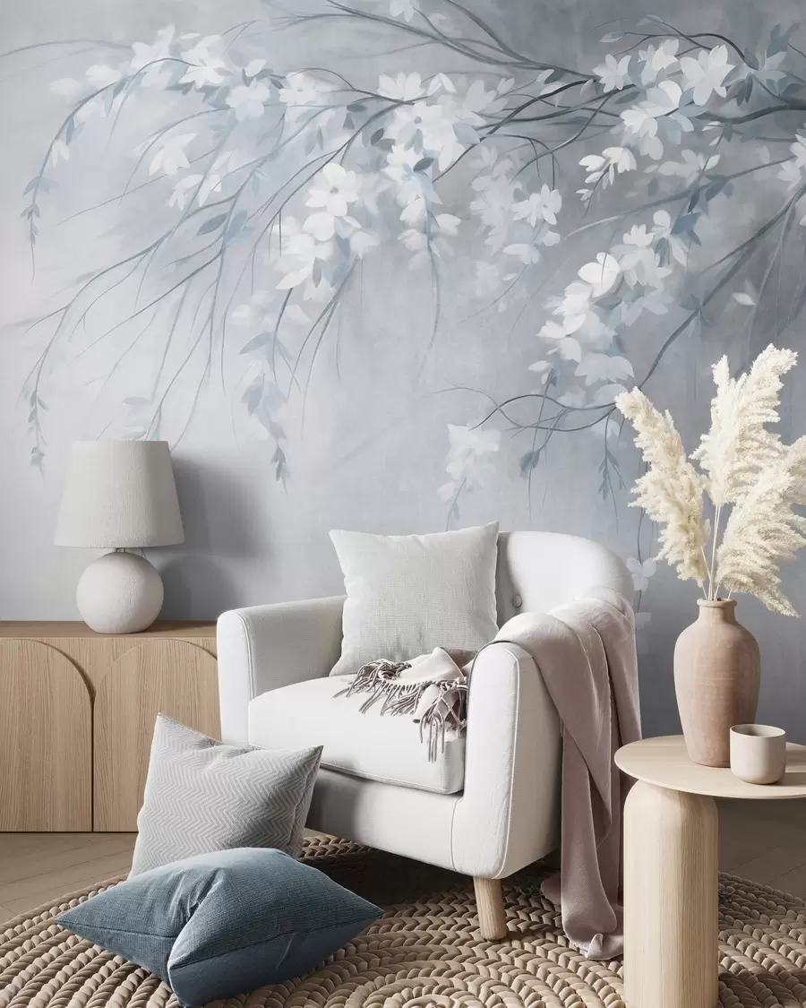 Fototapet En graciös körsbärsgren med vita blommor och blad, i målningsstil w10024v1