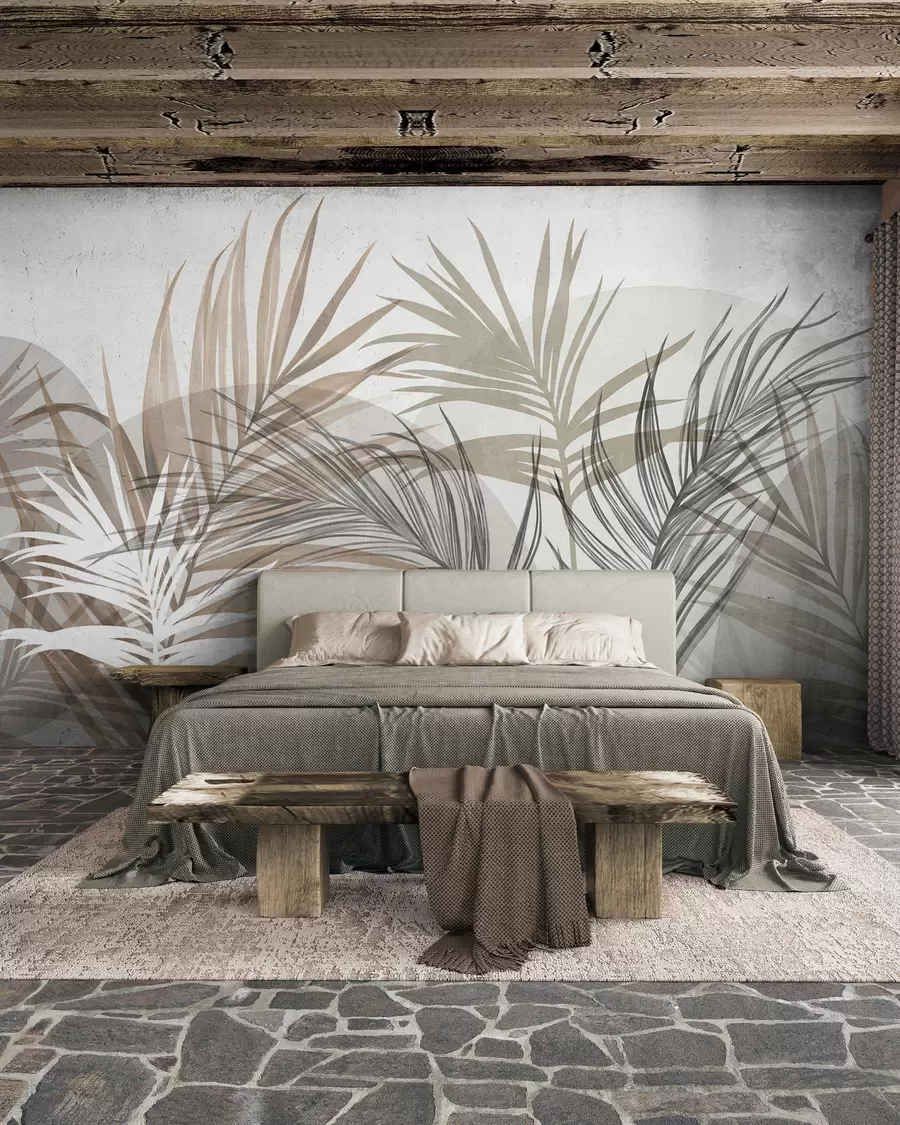 Fototapet Palmblad i neutrala nyanser av beige, brunt och grått, med abstrakta former w10025