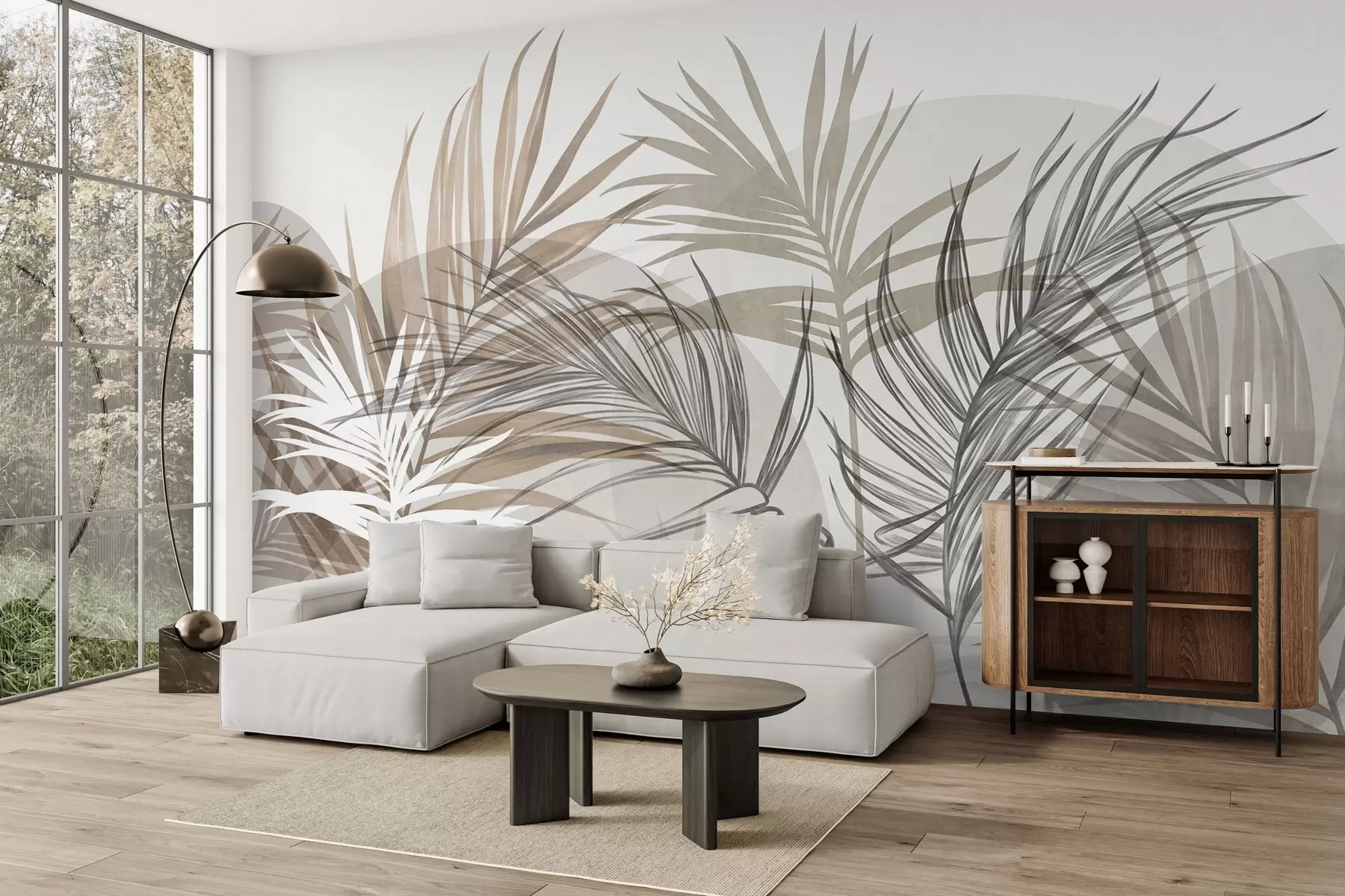 Fototapet Palmblad i neutrala nyanser av beige, brunt och grått, med abstrakta former w10025