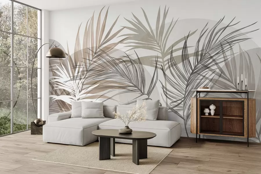 Fototapet Palmblad i neutrala nyanser av beige, brunt och grått, med abstrakta former w10025