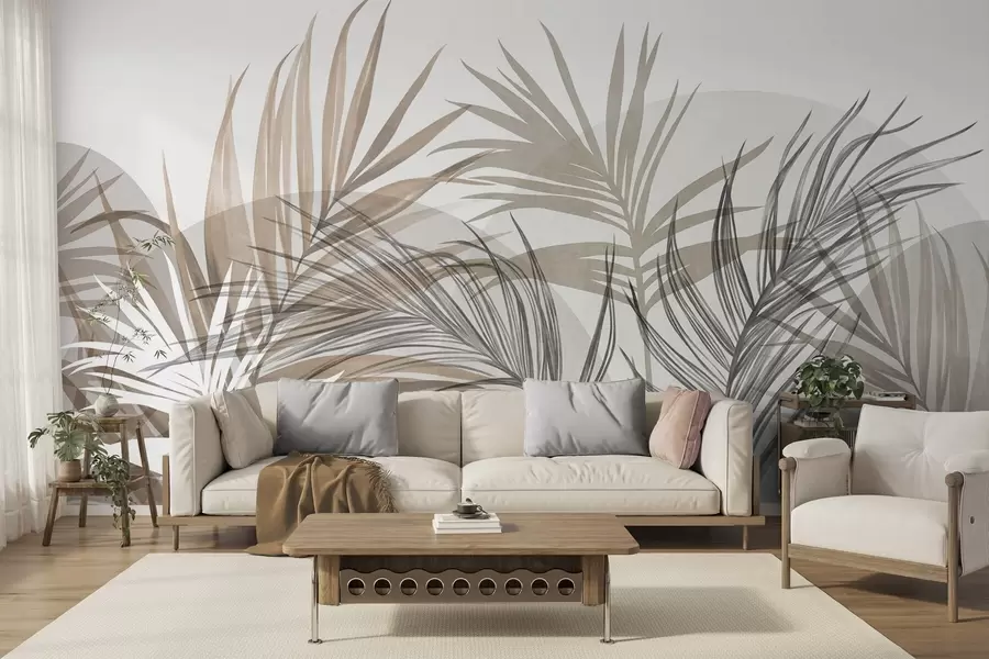 Fototapet Palmblad i neutrala nyanser av beige, brunt och grått, med abstrakta former w10025