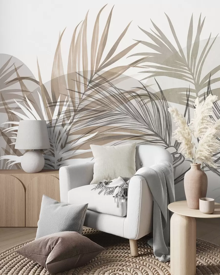 Fototapet Palmblad i neutrala nyanser av beige, brunt och grått, med abstrakta former w10025