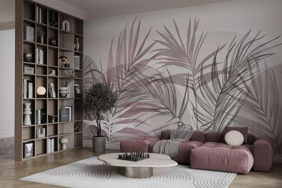 Fototapet Palmblad i neutrala nyanser av rosa och grått, med abstrakta former w10025v1