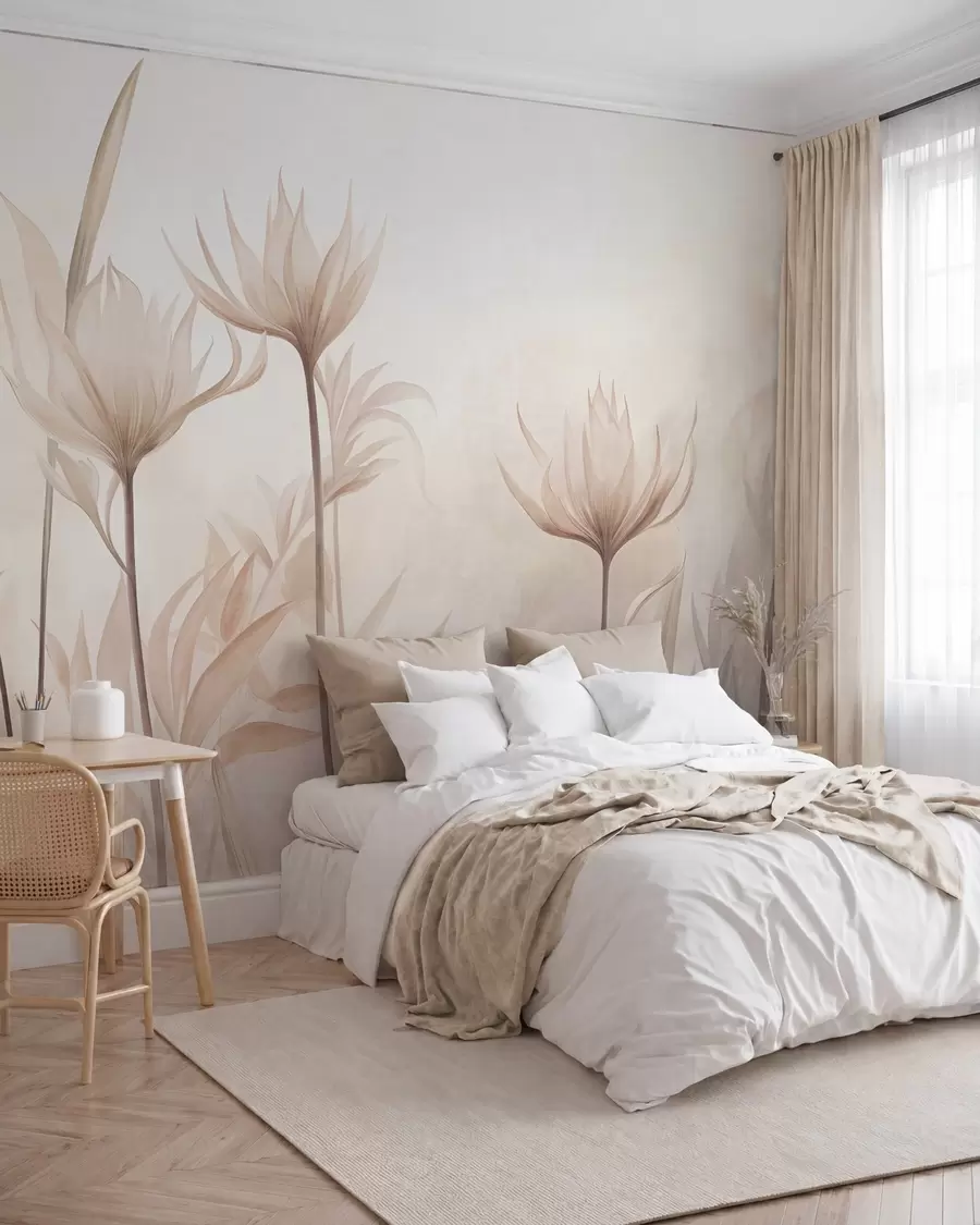 Fototapet Strukturerade, genomskinliga blommor i mjuka persika- och beige nyanser med långa stjälkar och bladverk w10028