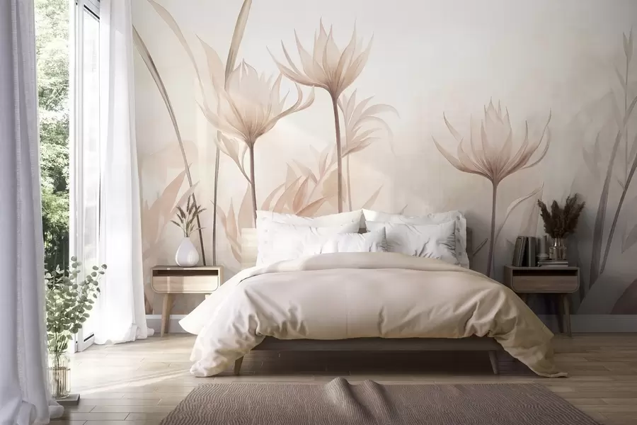 Fototapet Strukturerade, genomskinliga blommor i mjuka persika- och beige nyanser med långa stjälkar och bladverk w10028