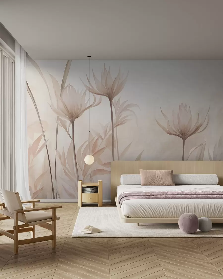 Fototapet Strukturerade, genomskinliga blommor i mjuka persika- och beige nyanser med långa stjälkar och bladverk w10028