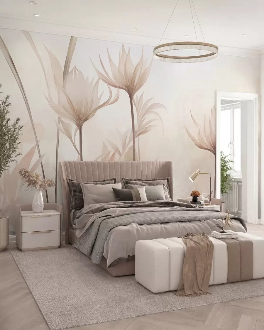 Fototapet Strukturerade, genomskinliga blommor i mjuka persika- och beige nyanser med långa stjälkar och bladverk w10028
