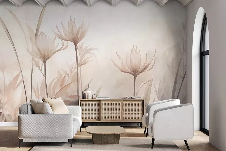 Fototapet Strukturerade, genomskinliga blommor i mjuka persika- och beige nyanser med långa stjälkar och bladverk w10028