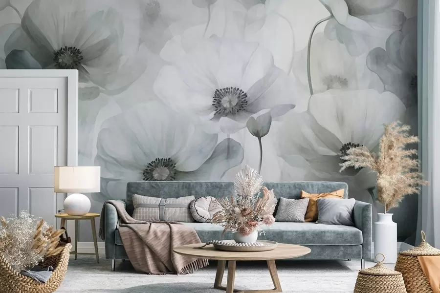 Fototapet Dämpade, strukturerade vallmo med mörka mittar, skira, genomskinliga kronblad och en mjuk bakgrund w10029v2
