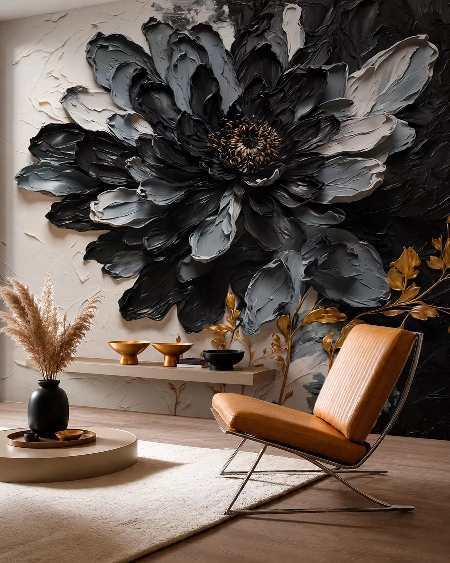 Fototapet Strukturerad svart och grå blomma med dekorativa grenar w05883