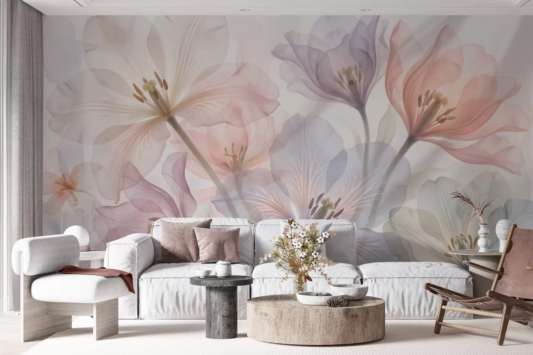 Fototapet Fina, genomskinliga blommor i pastellfärger, i akvarellstil w09999