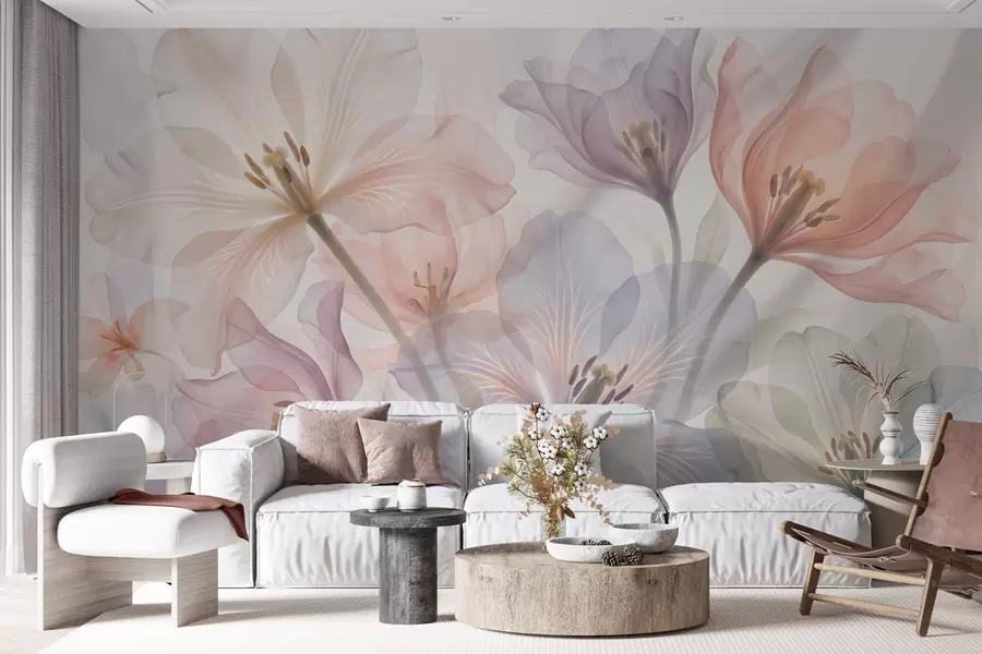Fototapet Fina, genomskinliga blommor i pastellfärger, i akvarellstil w09999