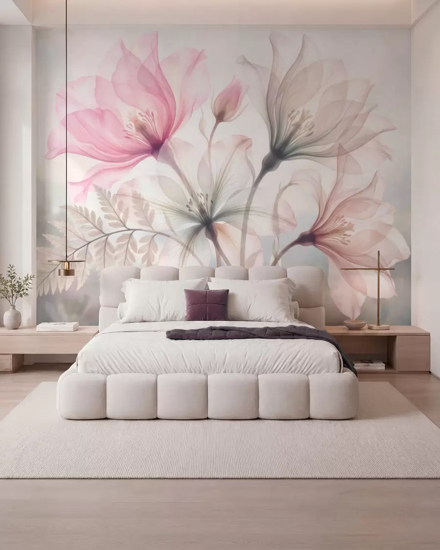 Fototapet Ömtåliga blommor i pastellrosa och blå nyanser, i akvarellstil w10009