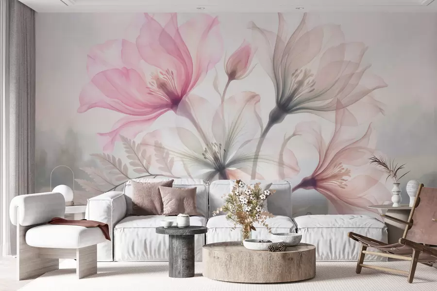 Fototapet Ömtåliga blommor i pastellrosa och blå nyanser, i akvarellstil w10009